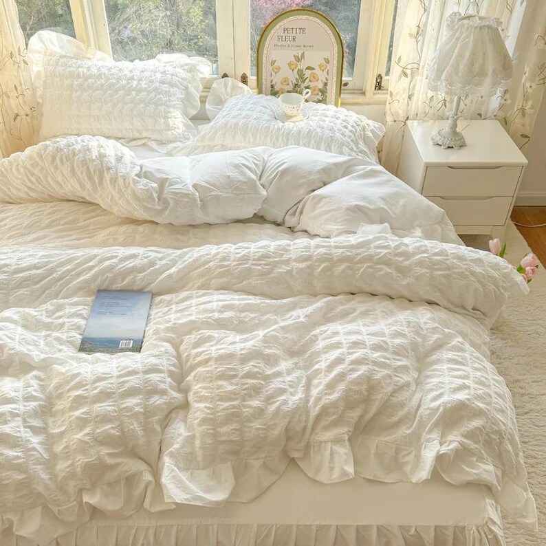Cream White Princess Style Chiffon Ruffled Bedding Set
