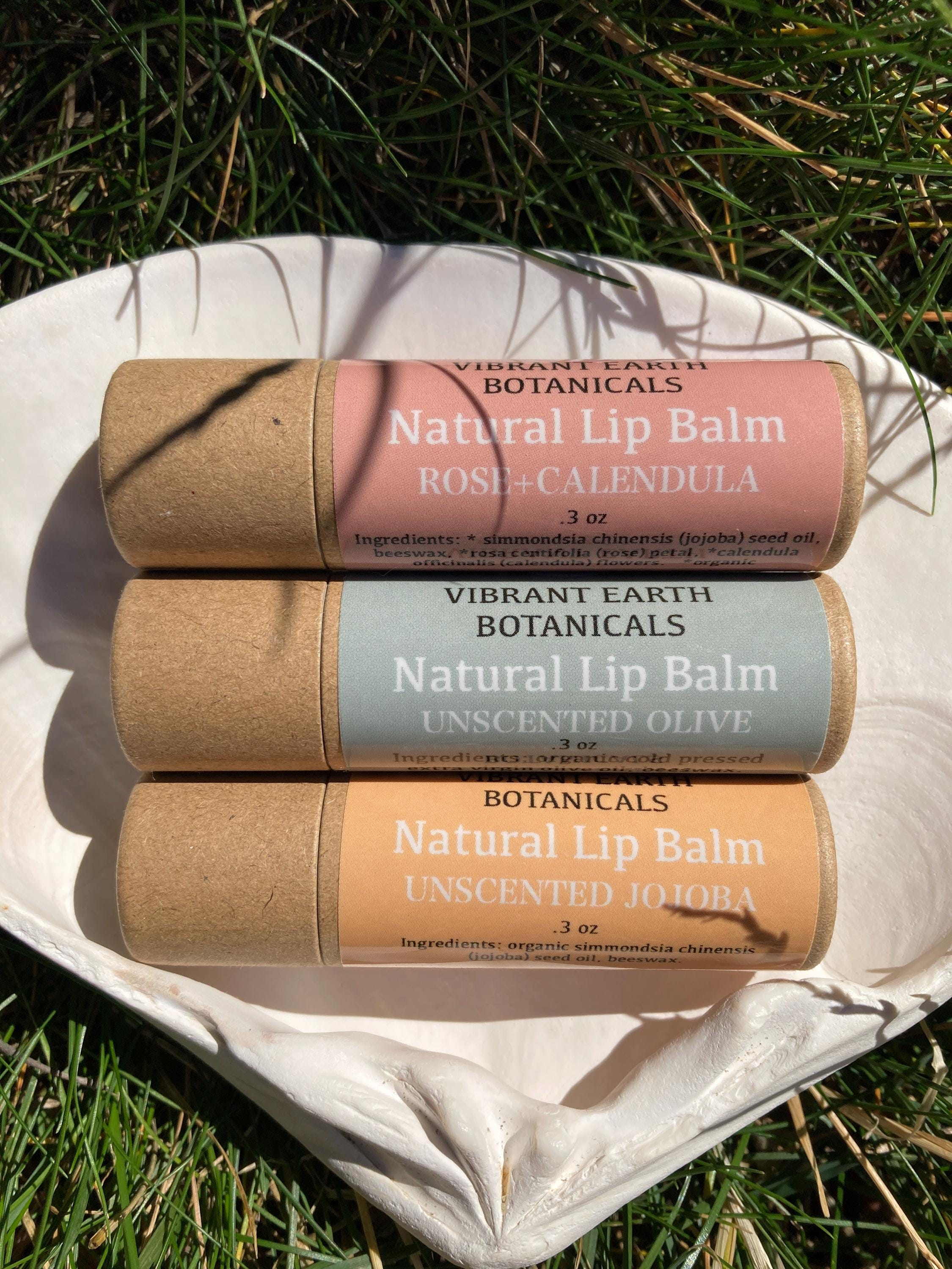 Natural Lip Balm 3-Pack - Rose+Calendula, Olive, Jojoba, Zero Waste