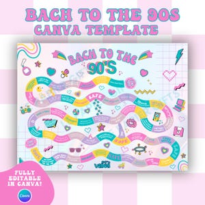 May include: A printable game board with a 90s theme. The board is pink, blue, and yellow with a holographic background. The game board features a path with various 90s themed icons and text such as "Safe", "Chug Water", "Fall Back Here", and "Get Your Groove On". The text "Back to the 90's" is at the top of the board.