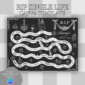 Może przedstawiać: Czarno-biała plansza do gry do wydrukowania z tekstem "RIP Single Life Sammy's" i grafiką tortu weselnego. Plansza do gry jest zaprojektowana tak, aby wyglądała jak tablica i zawiera różne pola gry z tekstem, takim jak "Make a Toast", "Time 2 Battle" i "Chug Water".