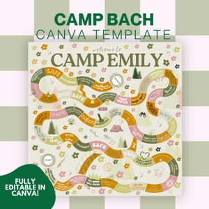 May include: A printable game board with a light green background and a light brown path. The path is decorated with flowers and has various squares with text such as "Safe", "Mystery Drink", "Chug Water", "Party Time", and "Take a Drink, Give a Drink". The board is titled "Camp Emily" and has the text "Welcome to" above the title. The board is surrounded by a green border with the text "Camp Bach Canva Template" at the top and "Fully Editable in Canva!" at the bottom.