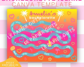 May include: A vibrant bachelorette party game board, labelled "Bachelorette Island Canva Template". The design includes a winding path, hearts, palm trees, and the text "Amelia's bachelorette". The words "Safe" and "Cheers" are also visible on the board.