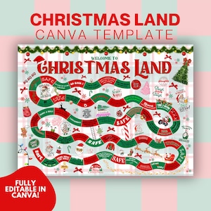 Pode incluir: Um jogo de tabuleiro de modelo Canva Christmas Land com caminhos vermelhos e verdes, com ilustrações e texto festivos. O tabuleiro inclui frases como "Safe", "Ho Ho Ho" e "Drink Dare", com um fundo xadrez vermelho e branco.