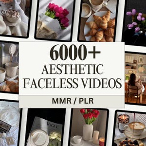 May include: A collage of images featuring aesthetic, faceless videos. The text "6000+ Aesthetic Faceless Videos MMR / PLR" is displayed in the centre of the collage.