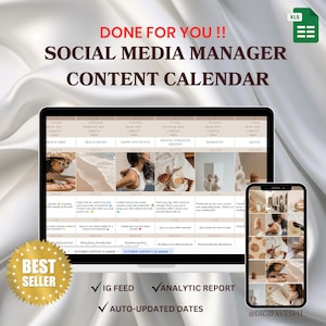 Op de afbeelding: Een laptopscherm waarop een social media contentkalender te zien is met een raster van afbeeldingen en tekst. De kalender is voor de maand oktober en bevat categorieën zoals "Beach Vibes", "Beach Waves", "Happy 4th of July", "Mental Strength Defined", "Energetic" en "Quote". De laptop staat op een wit oppervlak met een gouden ster sticker waarop "Best Seller" staat. Onder het laptopscherm staan vinkjes voor "IG Feed", "Analytic Report" en "Auto-Updated Dates". De tekst "@DIGIFAVESPH" staat in de rechterbenedenhoek.
