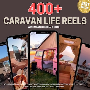 May include: A collection of 400+ caravan life reels with master resell rights. The image shows four different video clips of people enjoying life in a caravan. The clips show a pink caravan, a white caravan, and a person sitting in a chair outside a caravan.