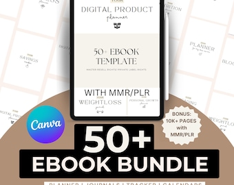 Puede incluir: Un paquete de plantillas de planificador de productos digitales con más de 50 plantillas de ebooks. El paquete incluye plantillas de planificador, diario, rastreador y calendario. La imagen muestra la pantalla de una tableta que muestra los detalles del producto y el logotipo de Canva. El texto en la pantalla dice "Su planificador de productos digitales", "50+ plantillas de ebooks", "Derechos de reventa principales/Derechos de etiqueta privada", "Con MMR/PLR", "Su planificador de pérdida de peso", "Su planificador de crecimiento personal", y "Bono: más de 10 000 páginas con MMR/PLR".