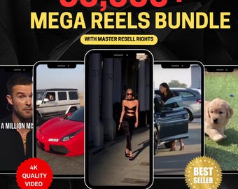 May include: A digital product bundle with over 30,000 high-quality video reels. The image shows four different video clips, including a man talking, a car, a woman walking, and a puppy. The text "4K Quality Video" and "Best Seller" are also visible.