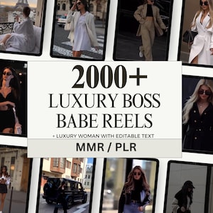 Może przedstawiać: Kolaż zdjęć przedstawiający kobiety w stylowych strojach, z tekstem "2000+ LUXURY BOSS BABE REELS + LUXURY WOMAN WITH EDITABLE TEXT MMR / PLR".
