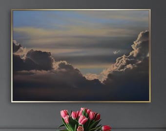 Framed Sunset Cloudscape Oil Painting, Evening Sky Wall Art
