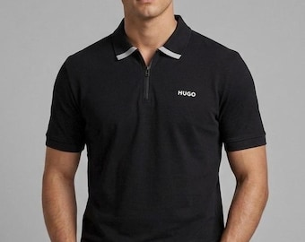 Polo da uomo Hugo Boss a maniche corte in cotone con cerniera a un quarto, colore nero.