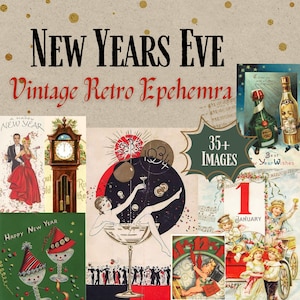 Vintage Neujahr Clip Art & Digitale Ephemera | Retro Urlaub Postkarten für Junk Journals Scrapbook Tagebuch | Neujahr Illustrationen zum Ausdrucken