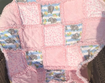 Elephant and Chenille flannel baby girl rag quilt blanket