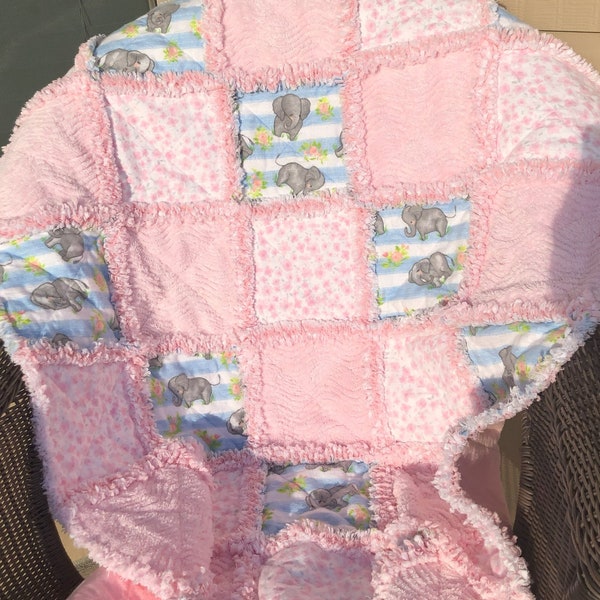 Elephant and Chenille flannel baby girl rag quilt blanket