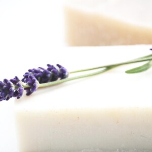 May include: A white bar of soap with a sprig of lavender flowers on top.