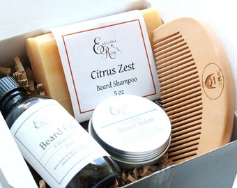 Deluxe Beard Grooming Kit: Citrus Zest Shampoo, Oil, Balm & Wooden Comb