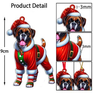 May include: A Christmas-themed dog ornament, approximately 9cm tall, featuring a Boxer breed in a Santa Claus outfit. The dog wears a red suit with green accents and a Santa hat. The ornament has a red loop for hanging.