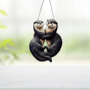 Otter Couple Acrylic Window Hanging, Gift For Her, Window Otters Art, Home Decor, Anniversary Gift