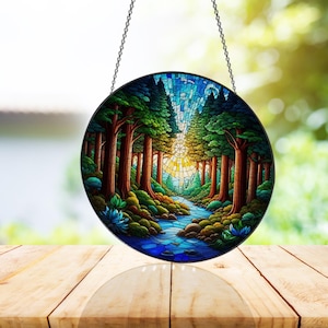 Vidrieras de bosque de secuoyas, atrapasol de secuoyas para decoración del hogar, regalo para amantes de la naturaleza, regalo para él