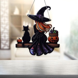 Colgante de ventana de acrílico con forma de bruja y gato negro, decoración del hogar con forma de bruja y gato negro, decoración del hogar de Halloween