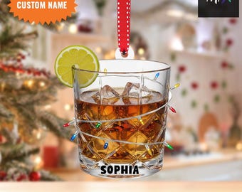 Personalized Whiskey Glass Ornament, Bourbon Christmas Decoration, Whiskey Lover Gift, Bar Decor Ornament, 2D Flat Item