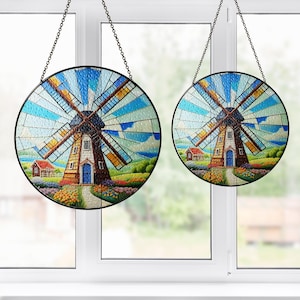 Windmill Stained Glass Window Hanging, Windmill Suncatcher, Home Decor, Gift For Windmill Lover, Gift For Her