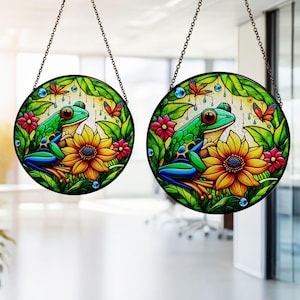 Rana e fiore in vetro colorato, rana e fiore da appendere alla finestra, acchiappasole, arredamento per la casa, regalo per lui