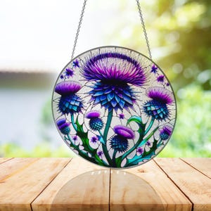 Purple Thistles Suncatcher, Purple Thistles Stained Glass Window Hanging, Home Decor, Gift For Her