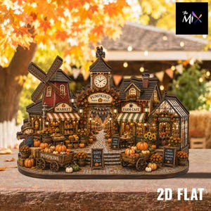 May include: A miniature village display featuring a windmill, a central clock tower, a farm cafe, and a flower shop. The scene includes wooden carts filled with pumpkins, signs reading PUMPKINS, FARM CAFE, and HAPPY FALL Y'ALL, and a scarecrow.