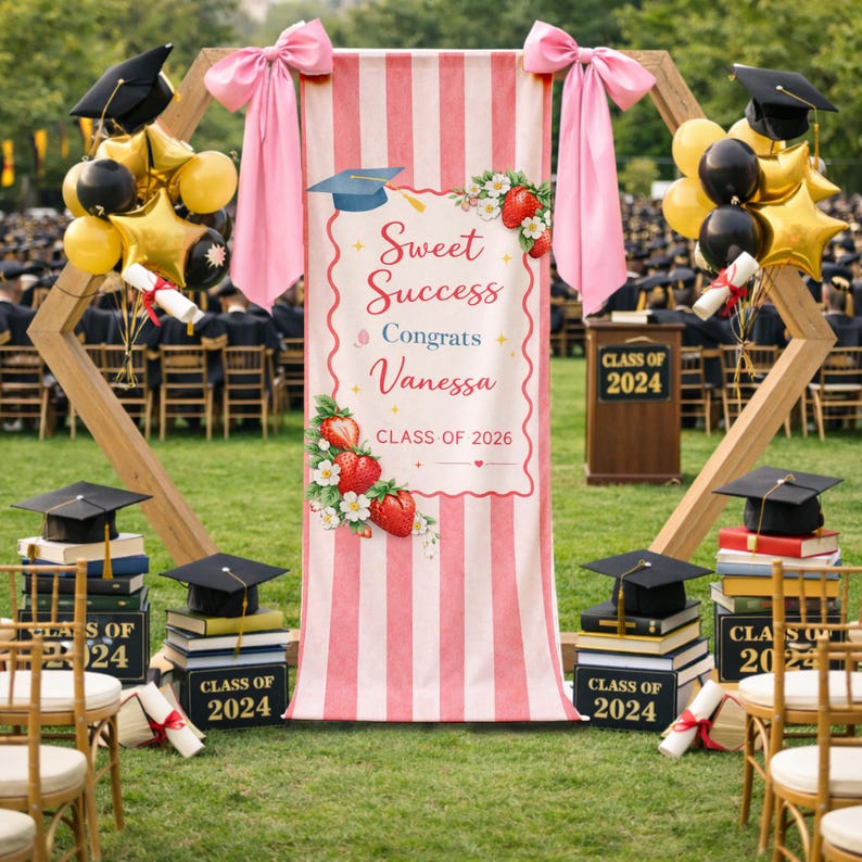 Spring Graduation Linen Graduation Linen Banner, Personalized Class of 2026, Strawberry Theme ...