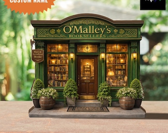 May include: A miniature green bookstore with the name "O'Malley's Booksellers" above the entrance. The shop features a brown door, lit windows, and a sign that reads "Rare & Secondhand Books". The top left corner has a custom name tag.