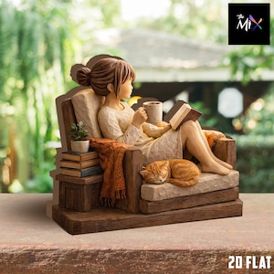 Figura de madera de una niña leyendo acogedora, decoración de gato amante de los libros, arte rústico para rincón.
