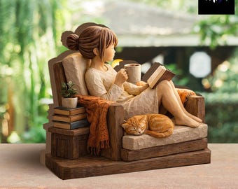 Figura de madera de una niña leyendo acogedora, decoración de gato amante de los libros, arte rústico para rincón.
