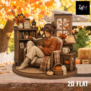 Peut inclure: Une figurine miniature représentant une personne lisant un livre dans un fauteuil, entourée d'une bibliothèque en bois, d'une table d'appoint avec une lampe, d'une tasse marquée 'cozy days', d'un panier de citrouilles et d'une fenêtre.