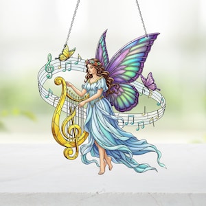 Fairy Playing Harp Acrylic Window Hanging, Home Decoration, Fairy Lover Gift, Gift For Her