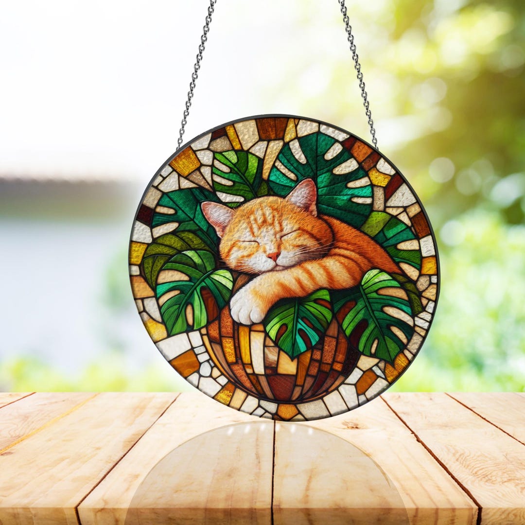 Orange Cat in Monstera Stained Glass, Cat Suncatcher, Cat Acrylic ...