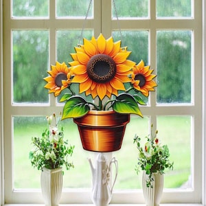 Zonnebloempot acryl raam hangend, zonnebloem woondecoratie, zonnebloem decoratie, housewarming cadeau voor plantenliefhebber, cadeau decor voor oma