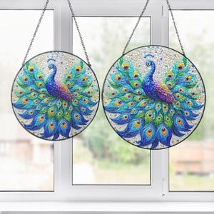 Peacock gebrandschilderd glas acryl raam hangend, Peacock raamdecoratie, Suncatcher, cadeau voor pauwenliefhebber, cadeau voor haar