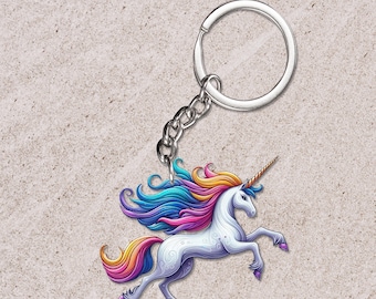 Llavero acrílico de unicornio con melena arcoíris, regalo para enamorados