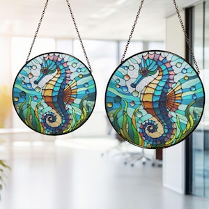 Seahorse Suncatcher Stained Glass Acrylic Window Hanging, Seahorse Window Decor, Gift For Seahorse Lover