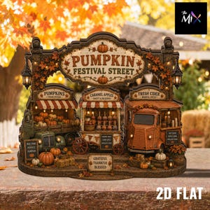 May include: A decorative Pumpkin Festival Street tabletop display featuring three illuminated stalls: a green truck with pumpkins, a central caramel apple stand, and an orange cider truck. The sign reads Pumpkin Festival Street, Grateful Thankful Blessed.