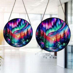Forest Aurora Stained Glass, Forest Aurora Suncatcher, Aurora Home Decor, Aurora Light Art Glass, Home Decor