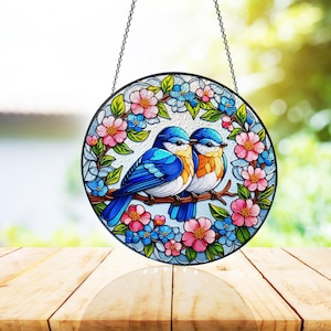 Birds Sitting On A Branch Of A Tree In A Stained Glass Window Decor, Birds Suncatcher, Home Decor