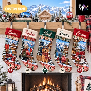 May include: Five personalized Christmas stockings hanging in a row, each featuring a unique winter mountain scene. The stockings are labeled with the names James, Sophia, Noah, Lucas, and Emma, and decorated with festive red, green, and white patterns.