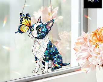 Attrape-soleil Boston Terrier, hologramme de Boston, décoration de fenêtre pour chien avec papillon, cadeau pour amoureux des animaux de compagnie, cadeau pour amoureux des chiens