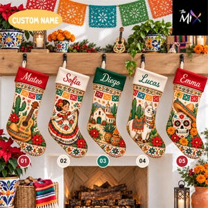 May include: Five personalized Christmas stockings hanging in a row, each featuring a unique colorful illustration including a guitar, a person in a dress, a building, a llama, and a skull, with names Mateo, Sofia, Diego, Lucas, and Emma.