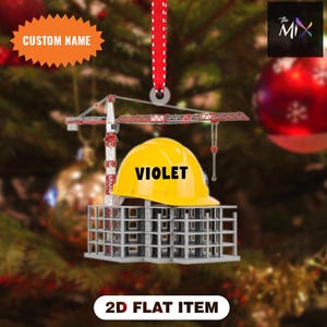 Personalisierte Bauarbeiterverzierung, Ingenieurverzierung, Schutzhelm und Kran Weihnachtsgeschenk, Bauarbeiterbaumdekoration, flache Verzierung 2D