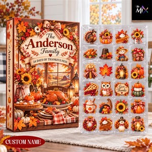 Personalized Thanksgiving Advent Calendar, 24 Fall Charms, Custom Family Name Countdown Box, Autumn Harvest Gift