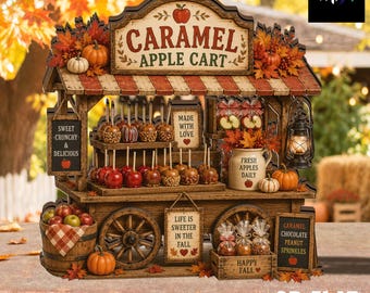 Caramel Apple Cart Wooden Block, Autumn Apple Market Wooden Block, Harvest Kitchen Decoration, Thanksgiving Gift