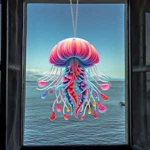Jellyfish Acrylic Window Hanging, Jelly Fish Home Decor, Coastal Room Decor, Ocean Sea Lover, Sea Lover Gift